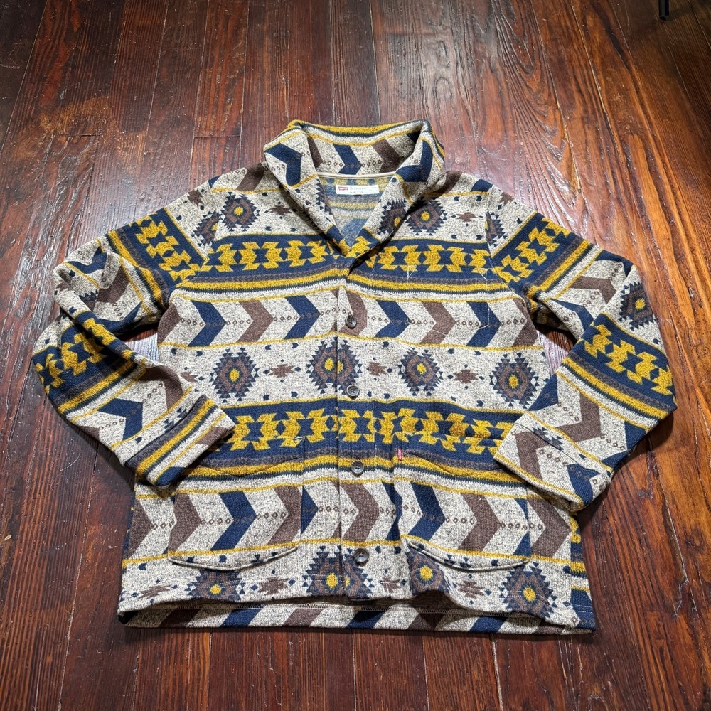 Levis Sweater Mens XL Blue Aztec Shawl Collar Cardigan Fleece Western Chore